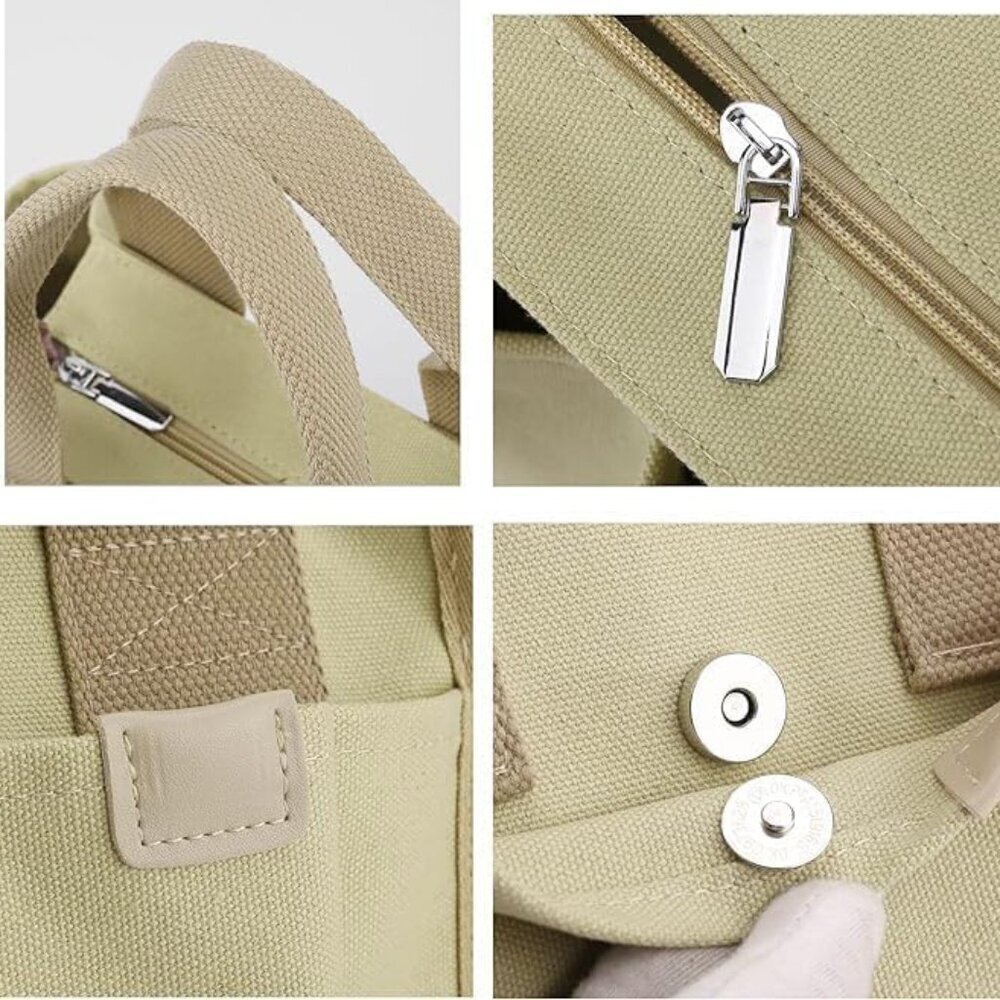 Small Canvas Tote Bag with Zipper, Canvas Multi-Pocket Crossbody Bag Purse Top H - Picture 4 of 6